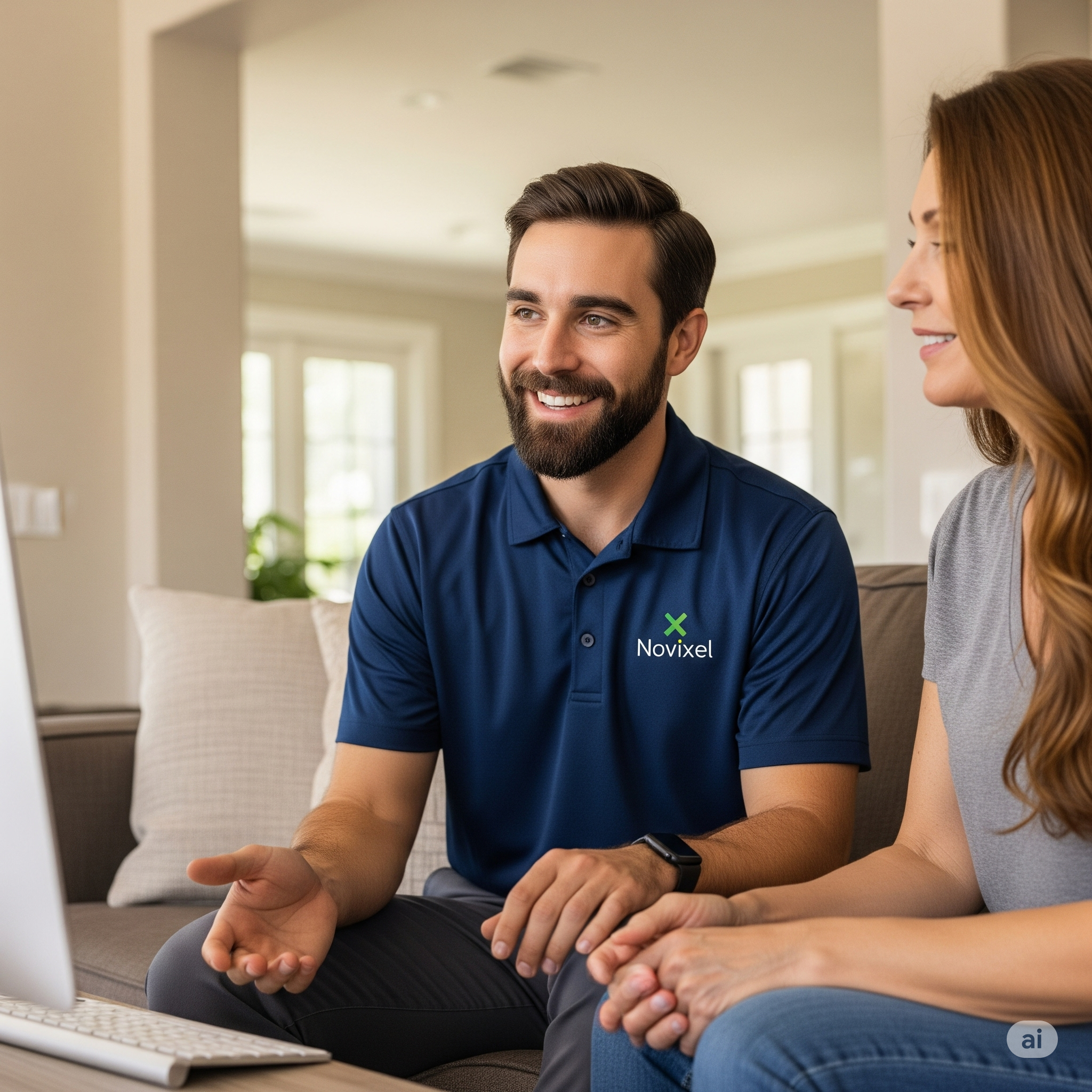 Friendly technician assisting a client with their computer at home